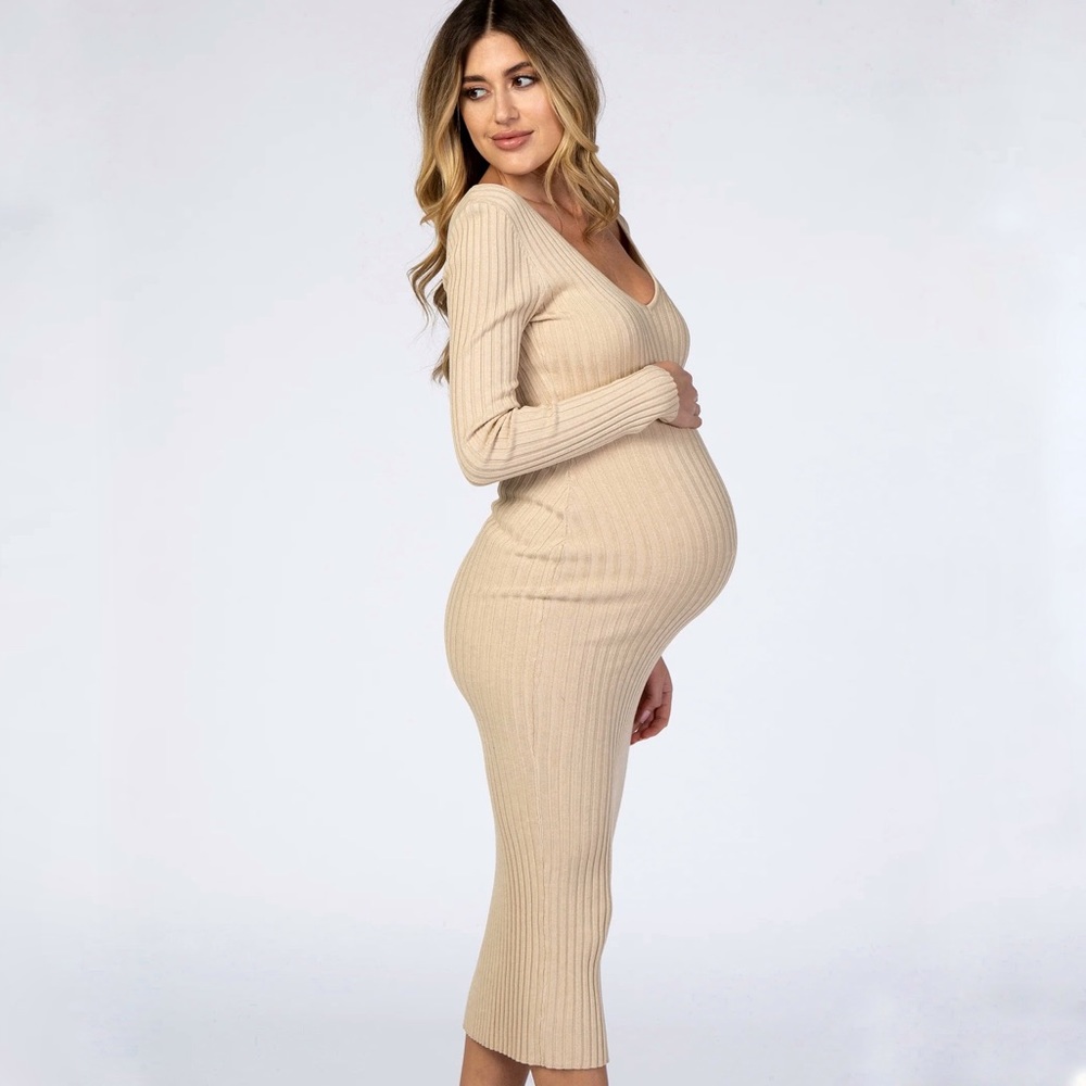 Taupe V-Neck Long Sleeve Fitted Maxi Dress